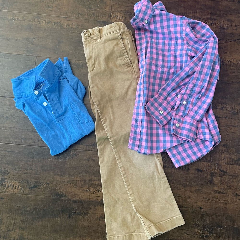 Crewcuts Boys Outfit- 3Pcs- Pink & Blue Plaid Shirt, Blue Polo & Tan Pants Set